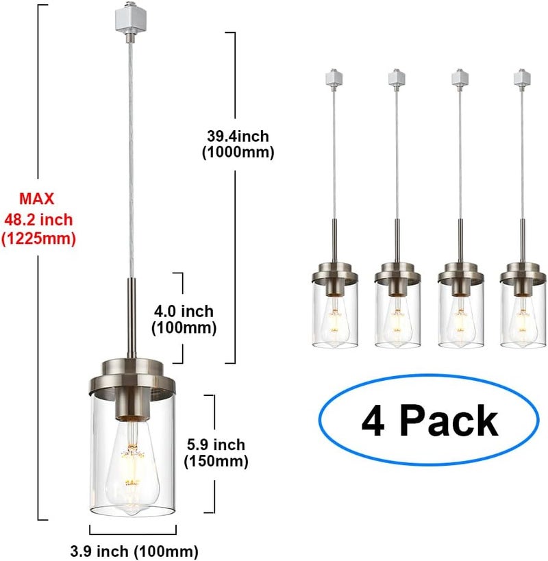 MELUCEE 4 Pack H Track Lighting Pendants Brushed Nickel Ceiling Track Hanging Light Fixtures with Clear Glass Shades, Compatible with H Type Track Lighting Rail, E26 Socket - Image 5
